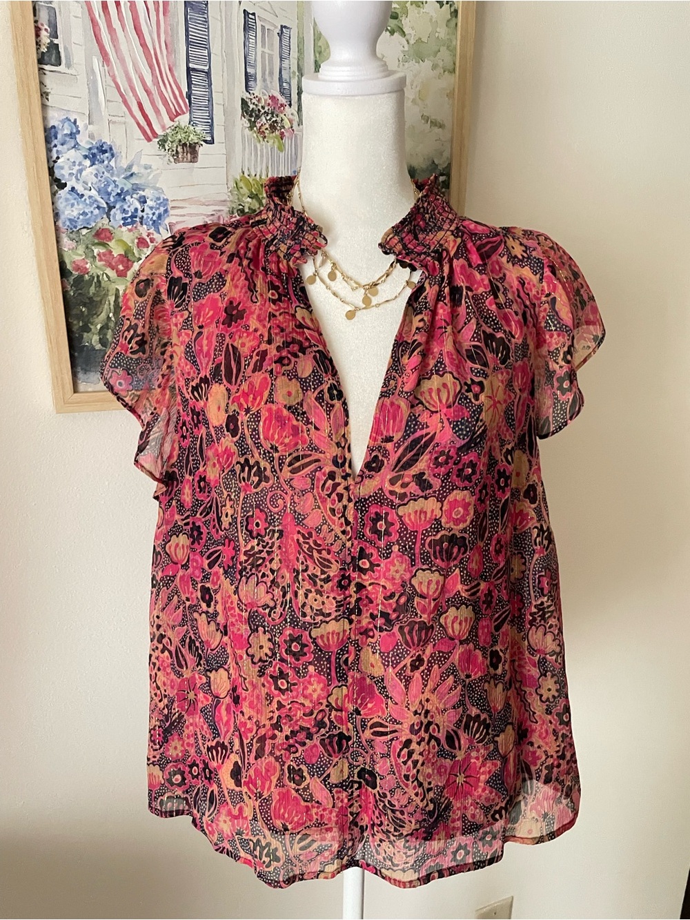 A.L.C. Hayley Floral Metallic Silk Flutter Sleeve Blouse Top Revolve US 8